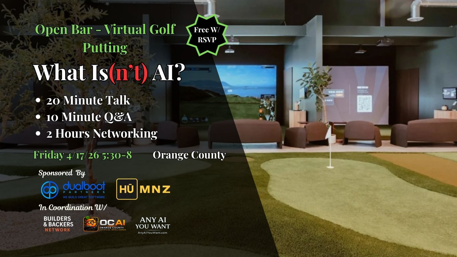 Open Bar + Indoor Golf + Networking — What Is(n’t) AI? (20-min talk)