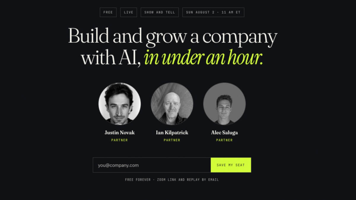 Build and grow a company with AI, in under an hour.
